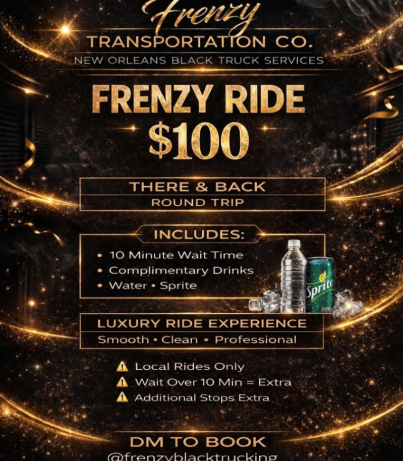 Frenzy ride promo flyer with pricing and complimentary drink details